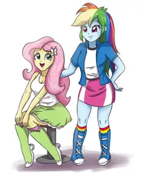 Size: 2952x3507 | Tagged: safe, artist:sumin6301, derpibooru import, fluttershy, rainbow dash, equestria girls, boots, clothes, cute, dashabetes, duo, female, high heel boots, legs, multicolored hair, open mouth, shyabetes, simple background, sitting, skirt, smiling, socks, stool, striped socks, white background