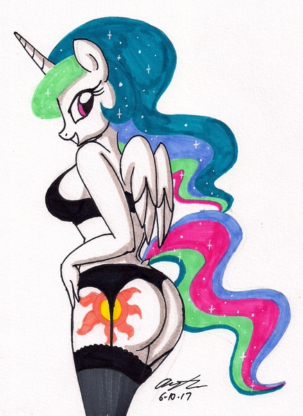 Size: 1086x1492 | Tagged: suggestive, artist:newyorkx3, derpibooru import, princess celestia, alicorn, anthro, pony, ass, beautiful, black underwear, bra, breasts, clothes, cute, cutelestia, cutie mark, ethereal mane, ethereal tail, female, flowing mane, flowing tail, garter belt, grin, hands on hip, lingerie, looking at you, looking back, mare, multicolored mane, multicolored tail, panties, praise the sun, purple eyes, royalty, sexy, smiling, solo, solo female, sparkles, stockings, stupid sexy celestia, sunbutt, thigh highs, thong, traditional art, underwear, wings