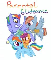 Size: 660x768 | Tagged: safe, artist:esmeia, derpibooru import, bow hothoof, rainbow dash, scootaloo, windy whistles, pegasus, pony, parental glideance, clothes, cute, cutealoo, dashabetes, female, filly, flying, grin, male, mare, rainbow dash's parents, scootalove, smiling, stallion, story included, title card, windybetes