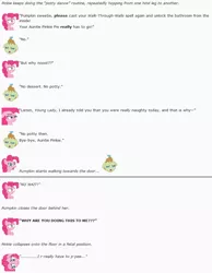 Size: 761x982 | Tagged: artist:dziadek1990, bathroom, conversation, crying, derpibooru import, desperation, dialogue, emotes, emote story, need to pee, omorashi, pinkie pie, potty dance, potty emergency, potty time, pumpkin cake, punishment, reddit, safe, slice of life, text, trotting in place