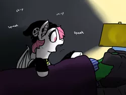 Size: 2400x1800 | Tagged: safe, artist:pony quarantine, derpibooru import, oc, oc:anon, unofficial characters only, bat pony, pony, bed, blanket, chirp, collar, eyeliner, eyeshadow, furniture, hat, hot topic, lamp, lipstick, makeup, open mouth, pet, piercing, pillow, pink hair, pony pet, sleeping, squeak