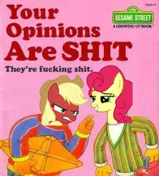 Size: 381x424 | Tagged: safe, derpibooru import, applejack, strawberry sunrise, pony, honest apple, angry, bert, ernie, opinion, photoshop, sesame street, smug, strawberry savage, that makes me angry! (book), vulgar