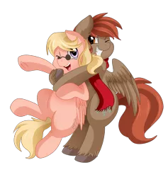 Size: 2906x3065 | Tagged: safe, artist:pridark, derpibooru import, oc, oc:gusty glow, oc:winterlight, unofficial characters only, pegasus, pony, clothes, commission, cute, duo, female, glasses, male, scarf, simple background, smiling, stallion, transparent background