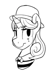 Size: 582x811 | Tagged: safe, artist:tallaferroxiv, deleted from derpibooru, derpibooru import, quiet gestures, pony, unicorn, ask quiet gestures, female, hat, mare, mime, monochrome, solo