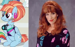 Size: 968x604 | Tagged: safe, derpibooru import, edit, edited screencap, screencap, windy whistles, human, pegasus, pony, parental glideance, camera, comparison, cropped, female, irl, irl human, katey sagal, mare, married with children, peggy bundy, photo, sitting, solo