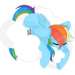 Size: 2048x2048 | Tagged: safe, artist:cinnamontee, derpibooru import, rainbow dash, pegasus, pony, cloud, cutie mark, eyes closed, female, floppy ears, high res, hooves, lying on a cloud, mare, on a cloud, prone, simple background, sleeping, solo, transparent background, wings