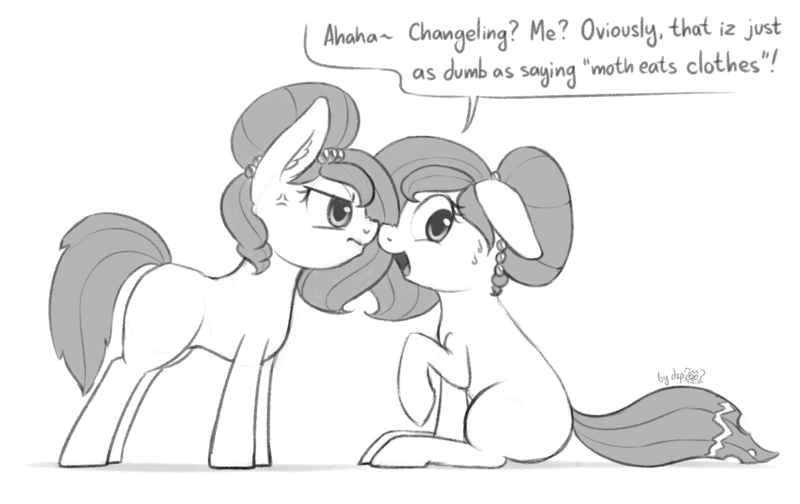 Size: 2030x1280 | Tagged: safe, artist:dsp2003, derpibooru import, oc, oc:brownie bun, unofficial characters only, changeling, earth pony, pony, horse wife, angry, changeling oc, comic, disguise, disguised changeling, female, grayscale, mare, monochrome, scrunchy face, single panel, sketch