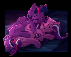 Size: 2062x1674 | Tagged: safe, artist:alcor, artist:vest, derpibooru import, starlight glimmer, twilight sparkle, twilight sparkle (alicorn), alicorn, pony, unicorn, cuddling, cute, female, glimmerbetes, intertwined tails, lesbian, mare, shipping, sleeping, snuggling, tail, twiabetes, twistarlight, underhoof