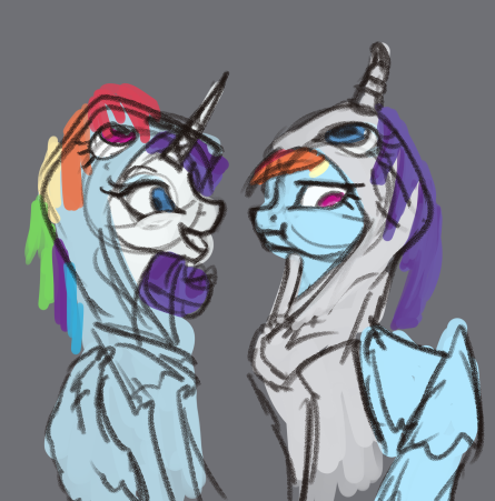 Size: 445x451 | Tagged: safe, artist:jykinturah, deleted from derpibooru, derpibooru import, rainbow dash, rarity, pegasus, pony, unicorn, accessory swap, annoyed, clothes, cute, disgruntled, female, hoodie, lesbian, mare, raridash, shipping, sketch