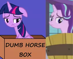 Size: 1733x1402 | Tagged: safe, derpibooru import, screencap, starlight glimmer, twilight sparkle, twilight sparkle (alicorn), alicorn, pony, totally legit recap, a royal problem, box, bucket, comparison, drama, floppy ears, pony in a box, sad, starlight drama