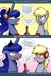 Size: 700x1027 | Tagged: safe, artist:johnjoseco, derpibooru import, derpy hooves, princess luna, pony, ask gaming princess luna, alcohol, comic, dialogue, drinking game, drunk, e3, speech bubble, underp