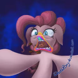 Size: 1071x1071 | Tagged: safe, artist:deathpwny, derpibooru import, pinkie pie, pony, 28 pranks later, cookie, cookie zombie, floppy ears, food, rainbow muzzle, solo