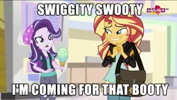 Size: 1920x1080 | Tagged: suggestive, derpibooru import, edit, edited screencap, screencap, starlight glimmer, sunset shimmer, equestria girls, mirror magic, spoiler:eqg specials, canterlot mall, duo, female, food, ice cream, image macro, lesbian, meme, shimmerglimmer, shipping, teletoon