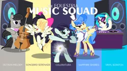 Size: 8000x4500 | Tagged: safe, artist:jhayarr23, artist:nsaiuvqart, derpibooru import, coloratura, octavia melody, sapphire shores, songbird serenade, vinyl scratch, earth pony, pegasus, pony, unicorn, my little pony: the movie, absurd resolution, bow, cello, female, glowing cutie mark, hair bow, headworn microphone, lidded eyes, mare, music squad, musical instrument, poster, rara, speakers, wallpaper