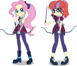 Size: 7500x6515 | Tagged: safe, artist:limedazzle, derpibooru import, fluttershy, moondancer, equestria girls, friendship games, absurd resolution, alternate hairstyle, alternate universe, archery, arrow, boots, bow (weapon), bow and arrow, clothes, equestria girls-ified, female, glasses, gloves, high heel boots, shoes, simple background, transparent background, weapon