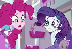 Size: 1110x759 | Tagged: safe, derpibooru import, screencap, pinkie pie, rarity, dance magic, equestria girls, spoiler:eqg specials, cropped, crying, major bummer in the summer, makeup, marshmelodrama, mascara, mascarity, running makeup