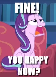 Size: 384x526 | Tagged: safe, derpibooru import, edit, edited screencap, screencap, starlight glimmer, pony, every little thing she does, annoyed, cropped, grumpy, image macro, meme