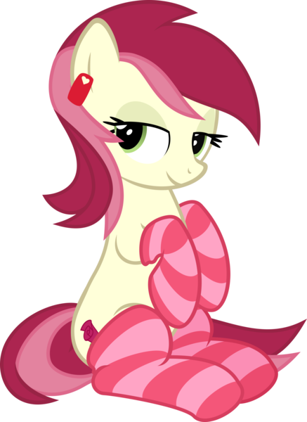 Size: 3000x4122 | Tagged: suggestive, artist:sollace, derpibooru import, roseluck, earth pony, pony, .svg available, absurd resolution, bedroom eyes, clothes, cute, ear tag, female, looking at you, mare, simple background, sitting, smiling, socks, solo, solo female, striped socks, transparent background, vector