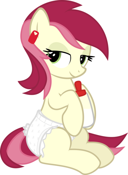 Size: 3000x4109 | Tagged: questionable, artist:sollace, derpibooru import, roseluck, pony, absurd resolution, baby bottle, bedroom eyes, cute, diaper, diaper fetish, ear tag, fetish, looking at you, milk, simple background, sitting, smiling, solo, transparent background, vector