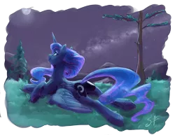 Size: 3960x3060 | Tagged: safe, artist:silfoe, derpibooru import, princess luna, alicorn, pony, both cutie marks, female, galaxy, looking up, mare, moon, moonbutt, night, plot, prone, rear view, scenery, signature, solo, sploot, stars, tree, underhoof