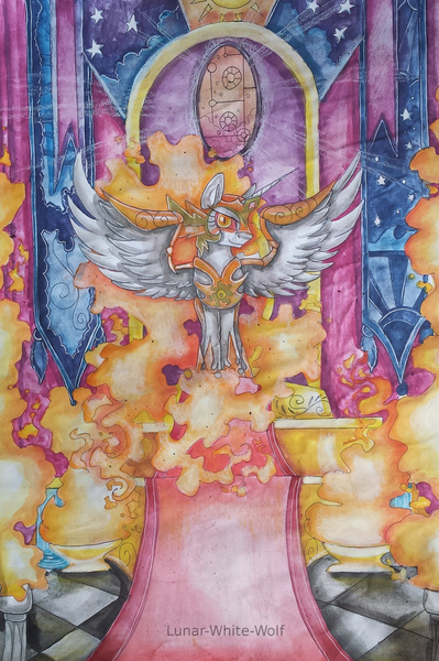 Size: 1901x2861 | Tagged: safe, artist:lunar-white-wolf, derpibooru import, daybreaker, alicorn, pony, a royal problem, female, fire, mare, smiling, solo, throne, throne room, traditional art