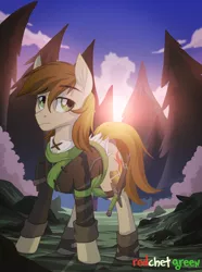 Size: 1300x1743 | Tagged: safe, artist:redchetgreen, derpibooru import, oc, unofficial characters only, earth pony, pony, boots, clothes, forest, male, scenery, shirt, solo, sword, weapon