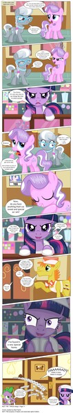 Size: 3381x19146 | Tagged: safe, artist:perfectblue97, derpibooru import, carrot cake, diamond tiara, princess celestia, silver spoon, spike, twilight sparkle, dragon, earth pony, pony, comic:without magic, absurd resolution, bandaid, bathroom, bender bending rodriguez, bite my shiny metal ass, blank flank, candy, clothes, comic, earth pony twilight, female, food, futurama, implied diarrhea, implied pooping, male, mare, poster, sugarcube corner