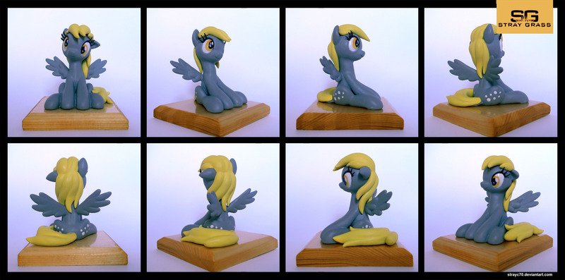 Size: 3601x1788 | Tagged: safe, artist:prodius, derpibooru import, derpy hooves, pony, both cutie marks, craft, female, figurine, irl, photo, sculpey, sculpture, show accurate, solo, spread wings, traditional art, wings