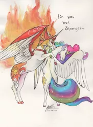 Size: 1024x1409 | Tagged: safe, artist:sagastuff94, derpibooru import, daybreaker, princess celestia, alicorn, horse, pony, a royal problem, both cutie marks, colored hooves, duality, ethereal mane, female, hoers, mane of fire, mare, plot, princess celestia is a horse, realistic horse legs, rearing, simple background, spread wings, sunbutt, traditional art, wings