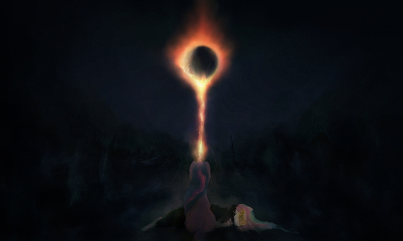 Size: 2000x1200 | Tagged: semi-grimdark, artist:plotcore, derpibooru import, princess celestia, twilight sparkle, alicorn, pony, dark souls, duo, eclipse, female, fire keeper, magic, mare, prone, solar eclipse