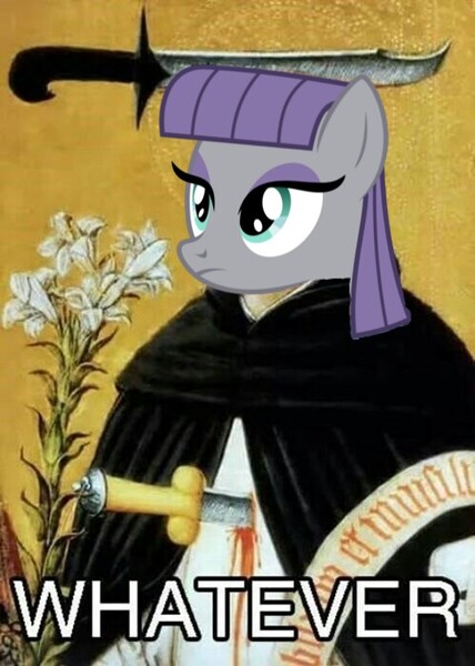 Size: 499x700 | Tagged: semi-grimdark, derpibooru import, maud pie, pony, blood, caption, impalement, medieval, meme, monk, reaction image, stoic, sword, weapon, whatever