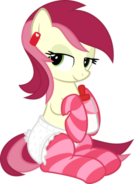 Size: 3000x4122 | Tagged: questionable, artist:sollace, derpibooru import, roseluck, pony, absurd resolution, baby bottle, bedroom eyes, clothes, cute, diaper, diaper fetish, ear tag, fetish, looking at you, milk, pullup (diaper), simple background, sitting, smiling, socks, solo, striped socks, transparent background, vector