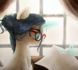 Size: 1860x1664 | Tagged: safe, artist:plotcore, derpibooru import, rarity, pony, unicorn, alternate hairstyle, female, glasses, levitation, magic, mare, scissors, solo, telekinesis, window