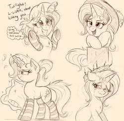 Size: 2064x2018 | Tagged: safe, artist:ncmares, derpibooru import, trixie, pony, unicorn, cake, clothes, crying, cute, dialogue, diatrixes, female, food, implied twilight sparkle, magic, mare, messy mane, monochrome, pillow, sketch, socks, solo, striped socks, telekinesis