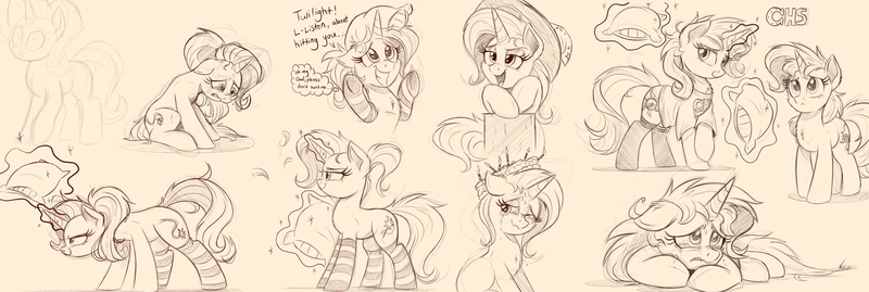 Size: 3000x1008 | Tagged: safe, artist:ncmares, derpibooru import, starlight glimmer, sunset shimmer, trixie, pony, unicorn, clothes, crying, cute, diatrixes, female, glimmerbetes, hat, magic, mare, messy mane, monochrome, pillow, sad, shimmerbetes, sketch, smiling, socks, stockings, thigh highs, trixie's hat