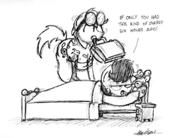 Size: 1806x1412 | Tagged: safe, artist:bobthedalek, derpibooru import, oc, oc:mixed melody, oc:octavia's father, oc:octavia's mother, oc:ostinato melody, unofficial characters only, earth pony, pony, alarm clock, bed, bed mane, black and white, clock, clothes, grayscale, jumping, monochrome, shirt, suitcase, sunglasses, traditional art, unamused