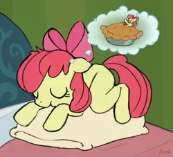 Size: 920x834 | Tagged: safe, artist:morgana, derpibooru import, apple bloom, earth pony, pony, adorabloom, bed, bedroom, cute, dream, female, filly, food, pie, pillow, sketch, sleeping, solo