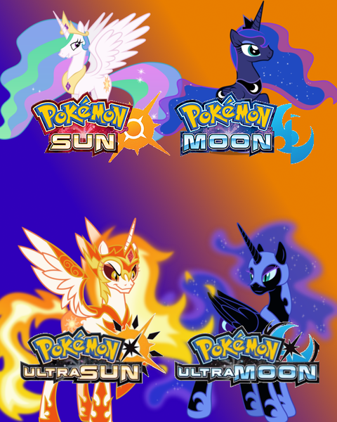 Size: 640x800 | Tagged: safe, derpibooru import, daybreaker, nightmare moon, princess celestia, princess luna, alicorn, pony, a royal problem, catasterism, ethereal mane, female, gradient background, mane of fire, mare, pokémon, pokémon moon, pokémon sun, pokémon sun and moon, pokémon ultra sun and ultra moon, starry mane, ultra moon, ultra sun