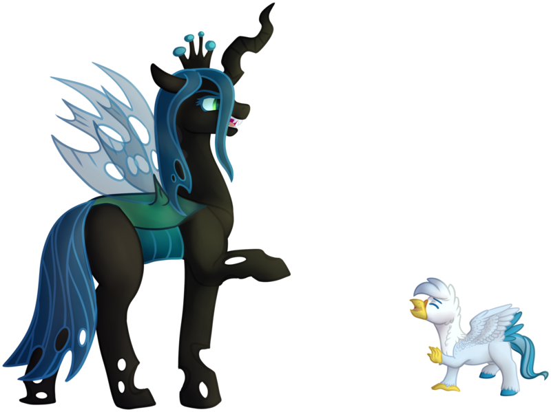 Size: 3401x2547 | Tagged: artist:coulorstrike, changeling, changeling queen, classical hippogriff, colt, cute, cutealis, derpibooru import, duo, female, hippogriff, interspecies offspring, magical lesbian spawn, male, mare, oc, ocbetes, oc:gren, offspring, parent:gilda, parent:rainbow dash, parents:gildash, queen chrysalis, safe, side view, simple background, transparent background