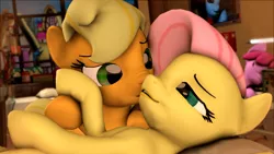 Size: 1920x1080 | Tagged: safe, artist:vantusman, derpibooru import, applejack, berry punch, berryshine, fluttershy, oc, pony, 3d, appleshy, female, holding hooves, hospital, kiss on the cheek, kissing, lesbian, shipping, source filmmaker