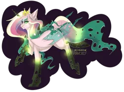 Size: 4300x3200 | Tagged: safe, artist:pinkxei, derpibooru import, princess cadance, queen chrysalis, alicorn, changeling, changeling queen, pony, absurd resolution, crown, digital art, disguise, disguised changeling, evil grin, fake cadance, fangs, female, grin, high res, jewelry, magic, regalia, simple background, smiling, solo, teeth, transformation, transparent background