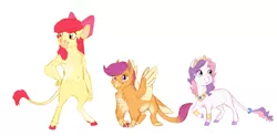 Size: 4662x2286 | Tagged: safe, artist:earthsong9405, deleted from derpibooru, derpibooru import, apple bloom, scootaloo, sweetie belle, gryphon, minotaur, pony, unicorn, arranged marriage au, absurd resolution, alternate universe, arranged marriage, calf, chickub, colored claws, colored hooves, cutie mark crusaders, female, filly, foal, hand on hip, jewelry, leonine tail, minotaurified, orphan, princess, regalia, simple background, species swap, tail feathers, tiara, trio, white background