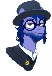 Size: 454x663 | Tagged: safe, artist:kaylemi, derpibooru import, oc, unofficial characters only, pony, beard, bust, clothes, facial hair, glasses, hat, jew, male, portrait, simple background, solo, stallion, star of david, white background