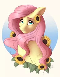 Size: 2056x2645 | Tagged: safe, artist:fairdahlia, artist:souladdicted, derpibooru import, fluttershy, pegasus, pony, bust, cute, female, flower, flower in hair, folded wings, high res, image, looking at you, mare, png, portrait, shyabetes, smiling, solo