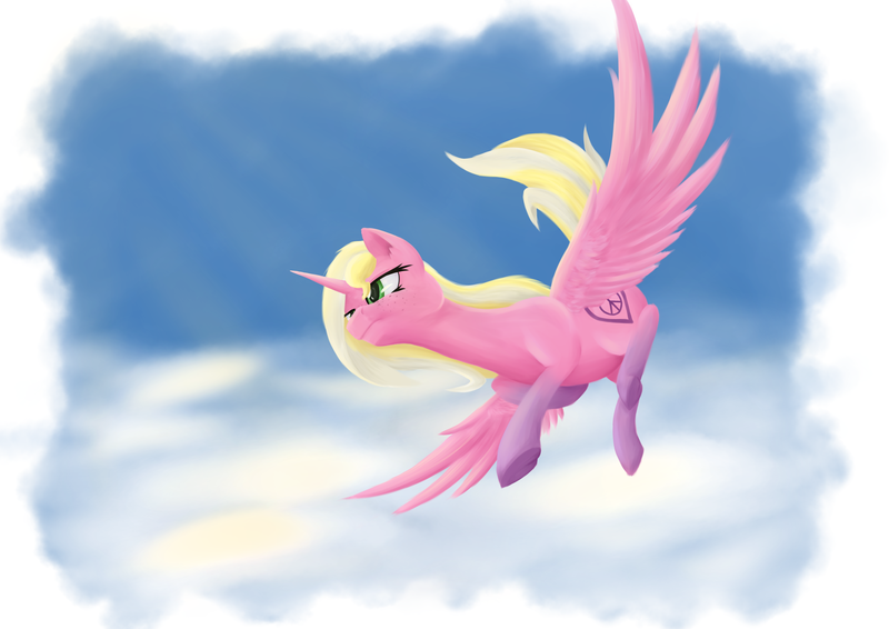 Size: 9921x7016 | Tagged: safe, artist:krynnymuffin, derpibooru import, oc, unofficial characters only, alicorn, pony, absurd resolution, alicorn oc, cloud, flying, lineless, sky, solo