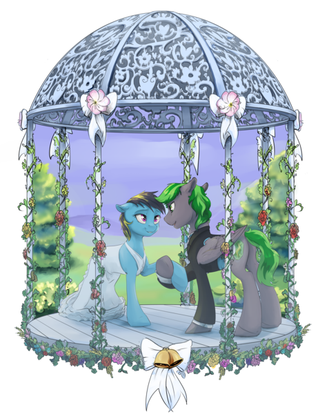 Size: 2040x2640 | Tagged: safe, artist:silfoe, derpibooru import, oc, oc:karl, oc:zeal, unofficial characters only, earth pony, pegasus, pony, clothes, commission, dress, female, looking at each other, male, mare, marriage, oc x oc, shipping, simple background, smiling, stallion, straight, transparent background, wedding, wedding dress