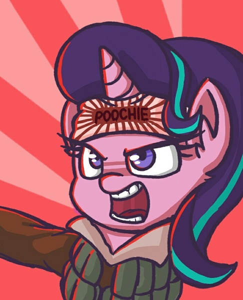 Size: 704x869 | Tagged: safe, artist:plunger, derpibooru import, starlight glimmer, pony, unicorn, drawthread, headband, kamikaze, open mouth, poochie, rising sun, teeth