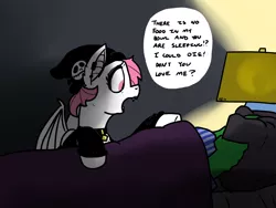Size: 2400x1800 | Tagged: safe, artist:pony quarantine, derpibooru import, oc, oc:anon, unofficial characters only, bat pony, pony, 4chan, bed, blanket, collar, dialogue, drawthread, eyeliner, eyeshadow, furniture, hat, hot topic, lamp, lipstick, makeup, pet, piercing, pillow, pink hair, pony pet, sleeping, speech bubble, squeak