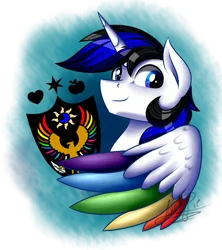 Size: 1600x1800 | Tagged: safe, artist:jack-pie, derpibooru import, oc, oc:rainbow shield, unofficial characters only, alicorn, pony, alicorn oc, commission, looking at you, male, simple background, smiling, solo, stallion, transparent background