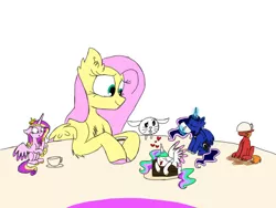 Size: 1066x800 | Tagged: safe, artist:doodletheexpoodle, derpibooru import, angel bunny, big macintosh, fluttershy, princess cadance, princess celestia, princess luna, pony, cake, cakelestia, cup, cute, cutedance, cutelestia, eyes closed, floppy ears, food, heart, hug, lunabetes, macabetes, magic, micro, table, teacup, telekinesis, tiny ponies